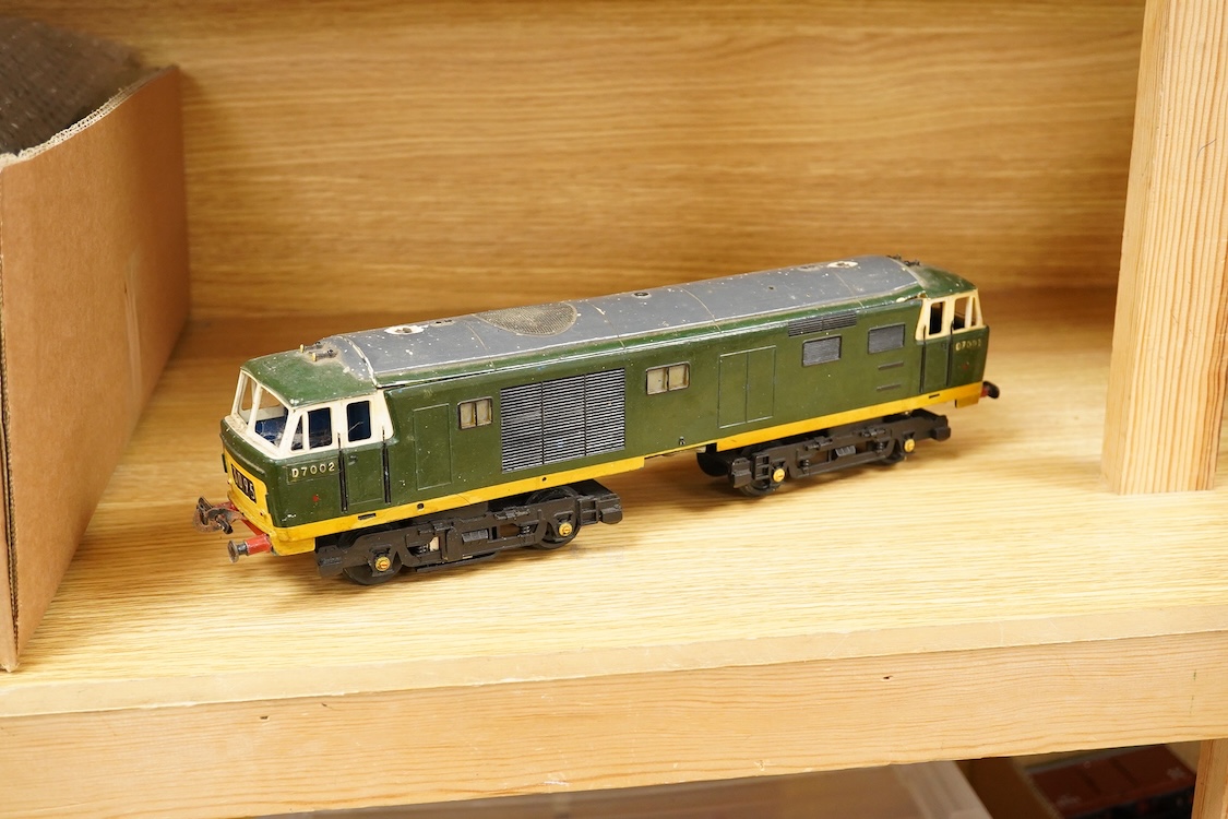 Seven 0 gauge coarse scale LMS and a private owner’s freight wagons, mainly of wood construction, together with the remains of a Tri-ang Big Big Train Class 35 Hymek diesel locomotive (8)